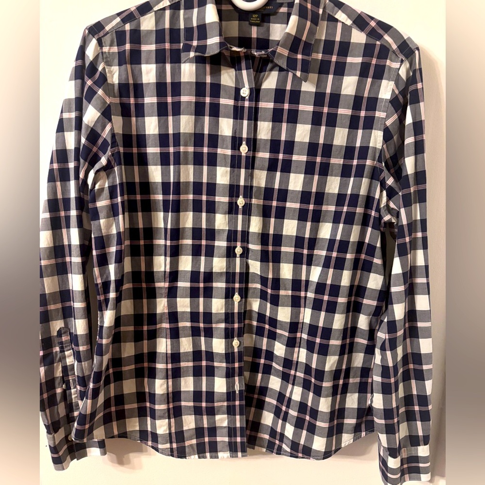 Brooks Brothers, women’s Petite 12, “346” line, navy, white, red plaid button up